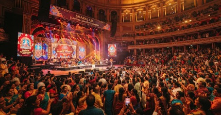 A packed concert hall during a cultural event